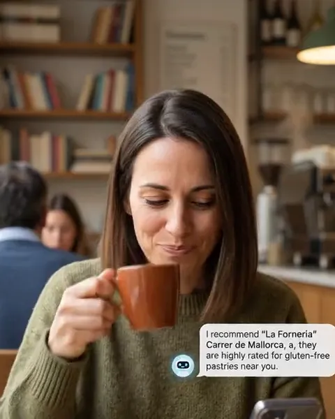 Woman in a café checking AI chatbot responses on her smartphone
