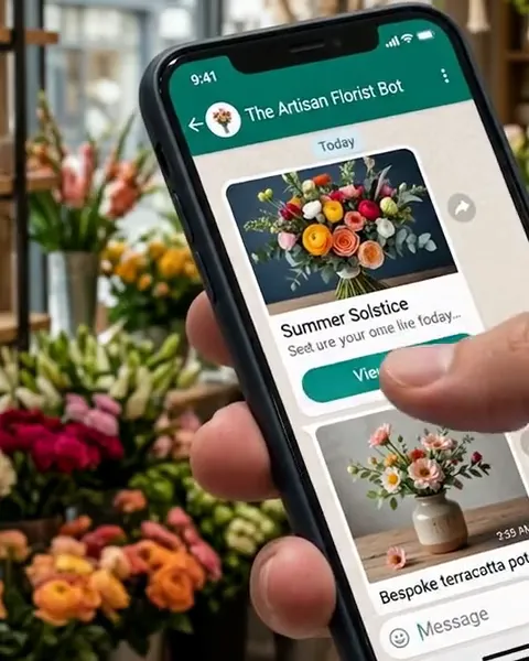 Business owner browsing a WhatsApp chatbot showcasing flower arrangements in a shop
